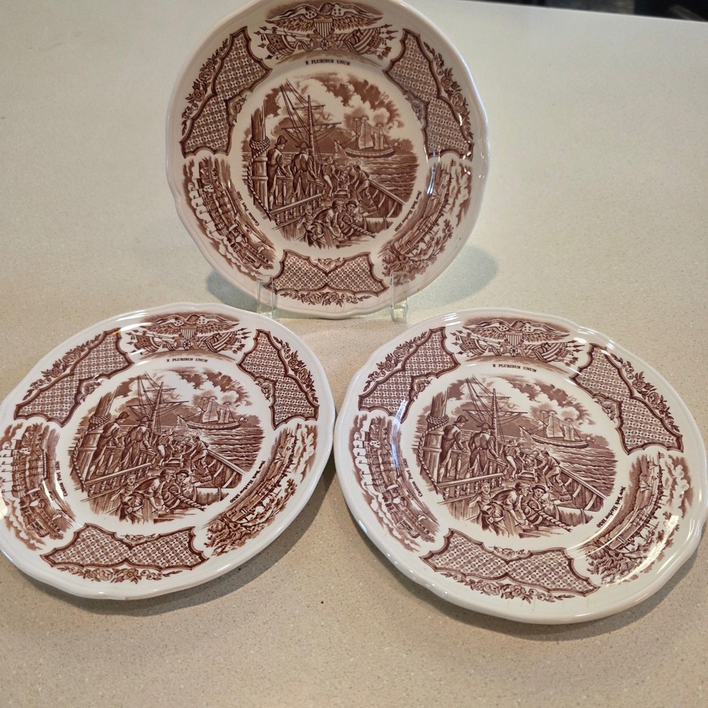 Alfred Meakin Fair Winds 7" Brown Bread Transferware USS Constitution Plates Set